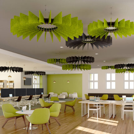 MergeWorks acoustic workstation screens across an open office