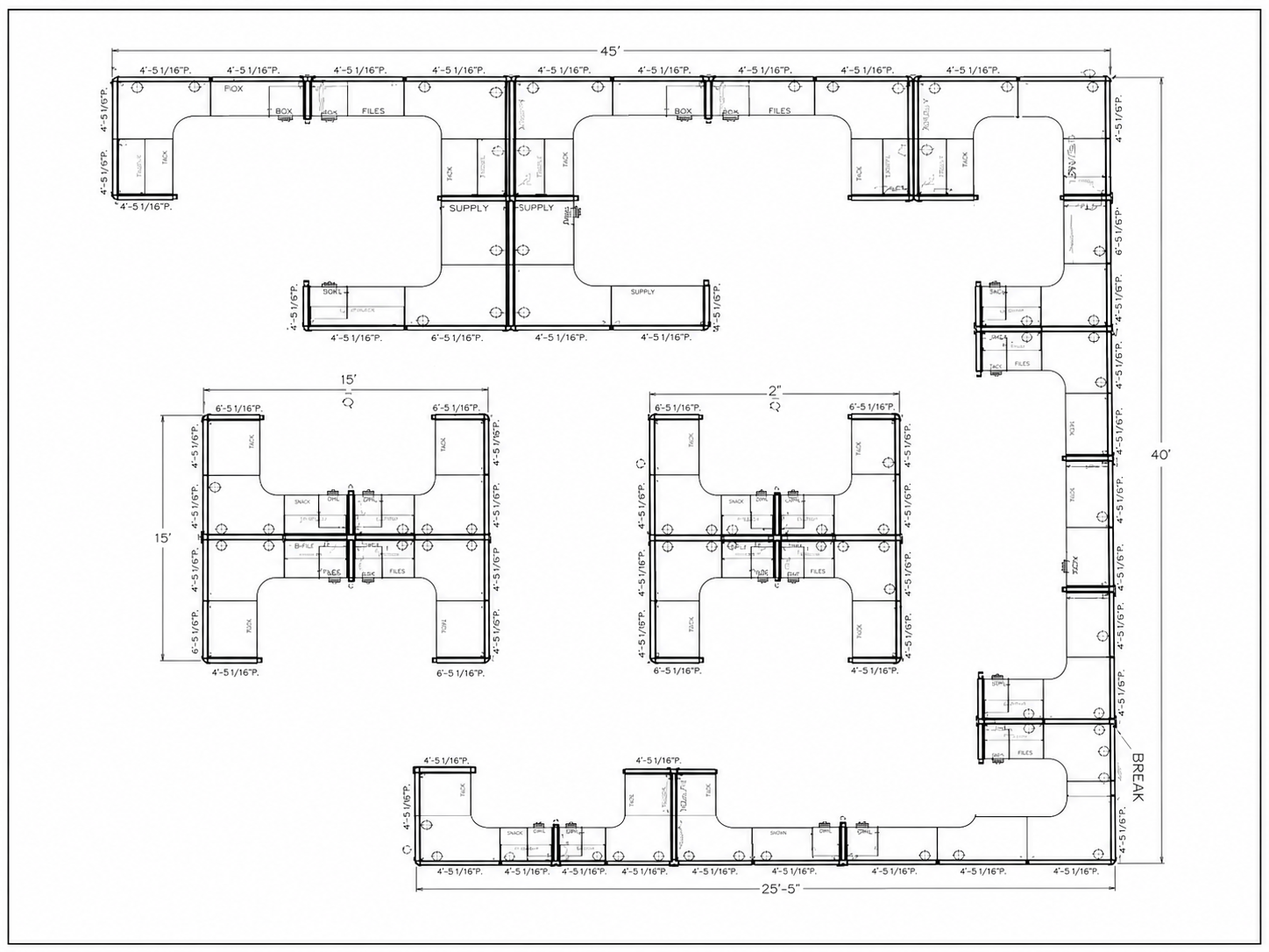 Anonymized illustrative office furniture plan with workstation clusters and dimension strings